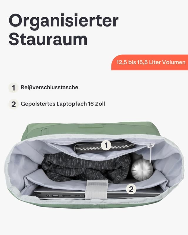 Detalle de Johnny Urban Robin Medium Rolltop Rucksack (15L) mit Laptopfach – grün, unisex