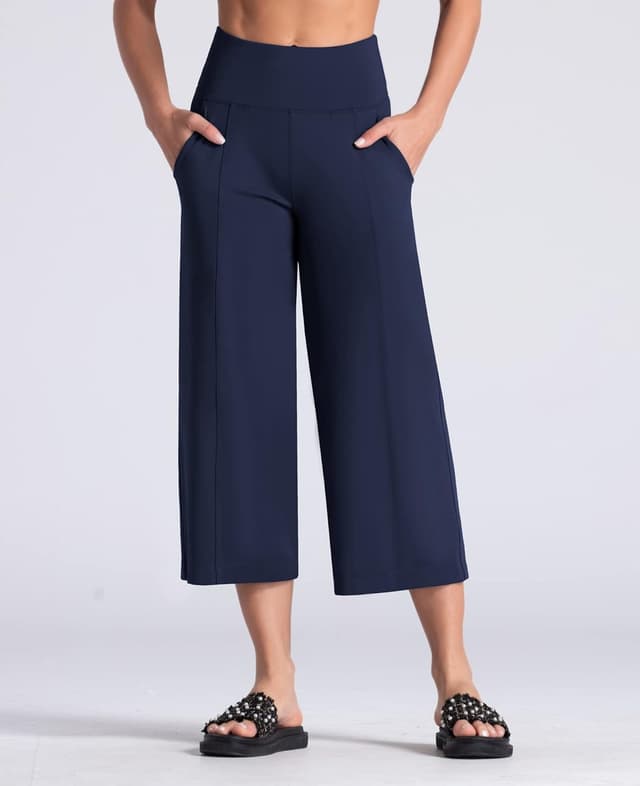 Detalle de THE GYM PEOPLE Women’s Yoga Capris 3/4 Wide-Leg Trousers with Pockets & Tummy Control