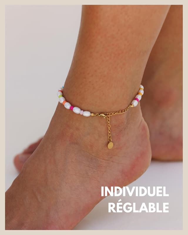 Detalle de GD GOOD.designs EST. 2015 Bracelet de cheville pour femme en perles d’eau douce multicolores, perles 4 mm, fermoir ajustable