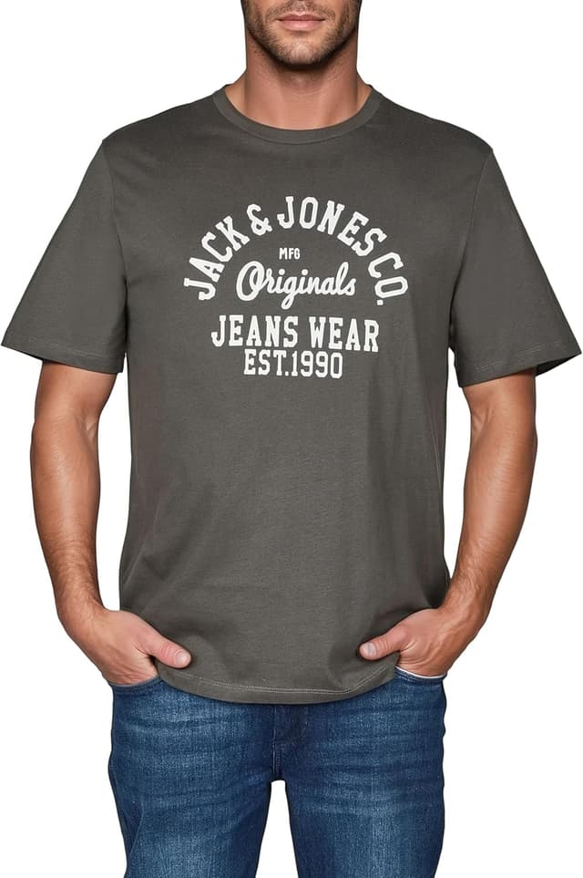 Detalle de JACK & JONES JJLINO – Set da 4 magliette a maniche corte in cotone, scollo rotondo (nero, bianco, verde, rosso, blu, grigio)