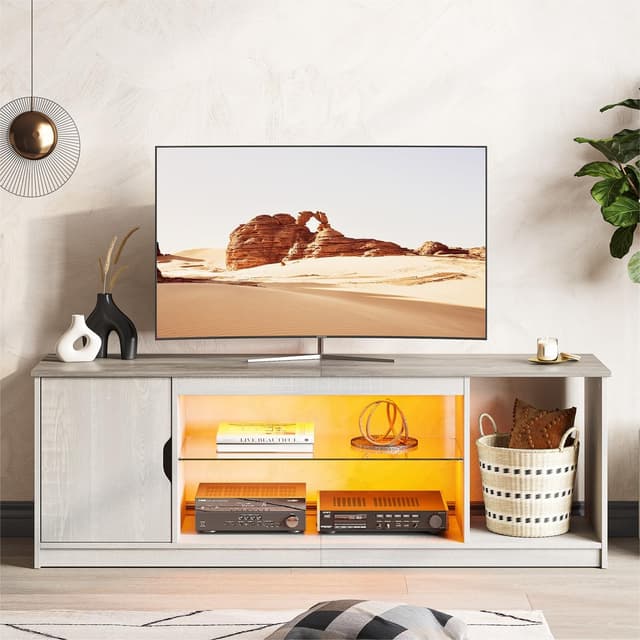 Detalle de Bestier mobile TV basso per TV fino a 65 pollici con luci LED RGB e ripiani in vetro regolabili