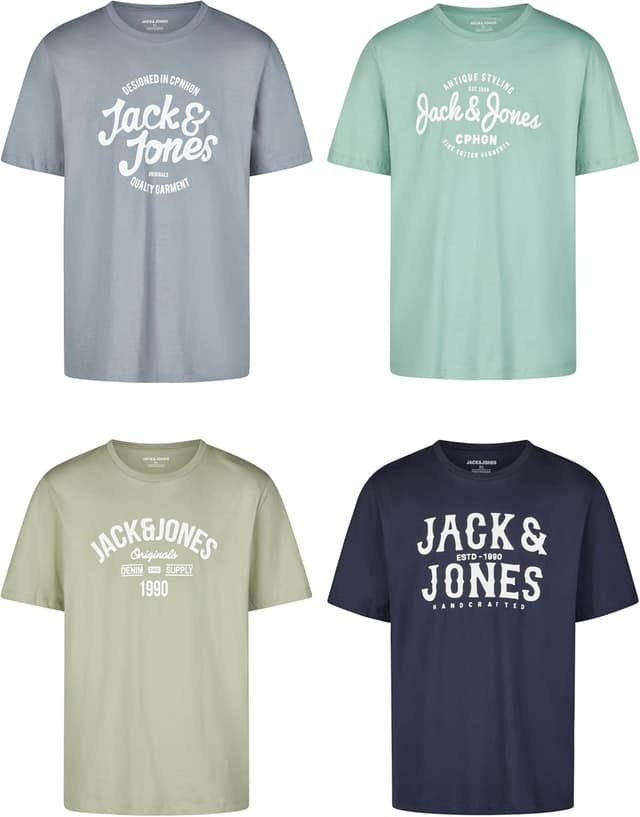 Detalle de JACK & JONES Regular-Fit Herren-T-Shirts JJLINO im 4er-Set (Rundhals, Kurzarm) – Schwarz/Weiß/Grün/Rot/Blau/Grau