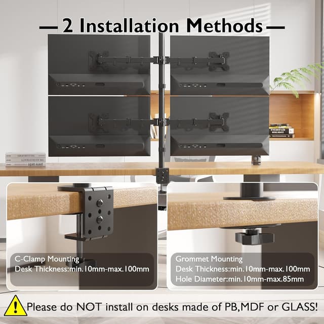 Detalle de BONTEC Monitor Halterung für 4 Monitore (13–27 Zoll), höhenverstellbar, neigbar 180° schwenkbar 360° drehbar, VESA 75/100 mm