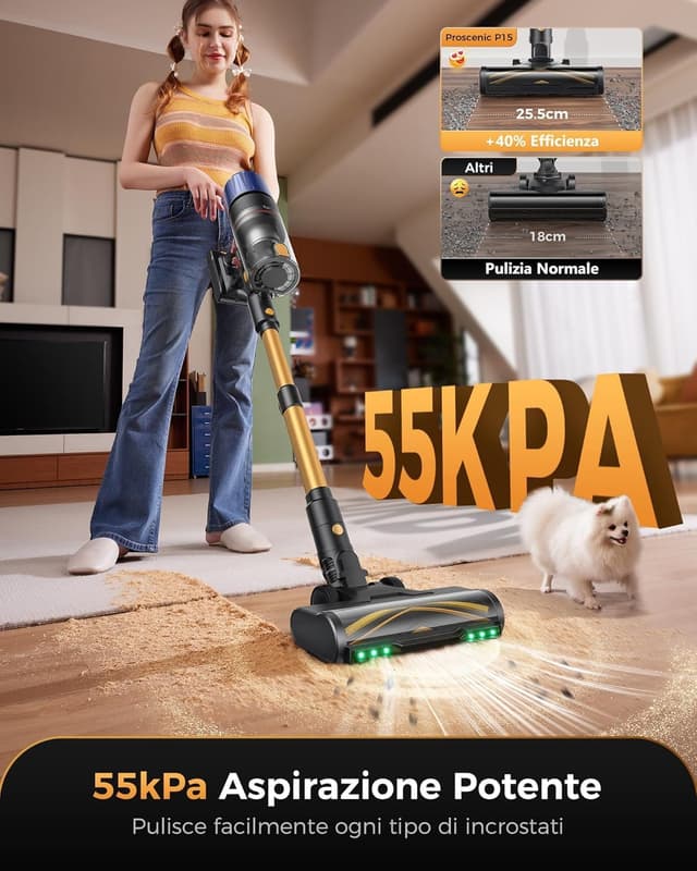 Detalle de Proscenic P15+ aspirapolvere senza fili: scopa elettrica 55 kPa, 70 min e GreenEye per pavimenti e tappeti