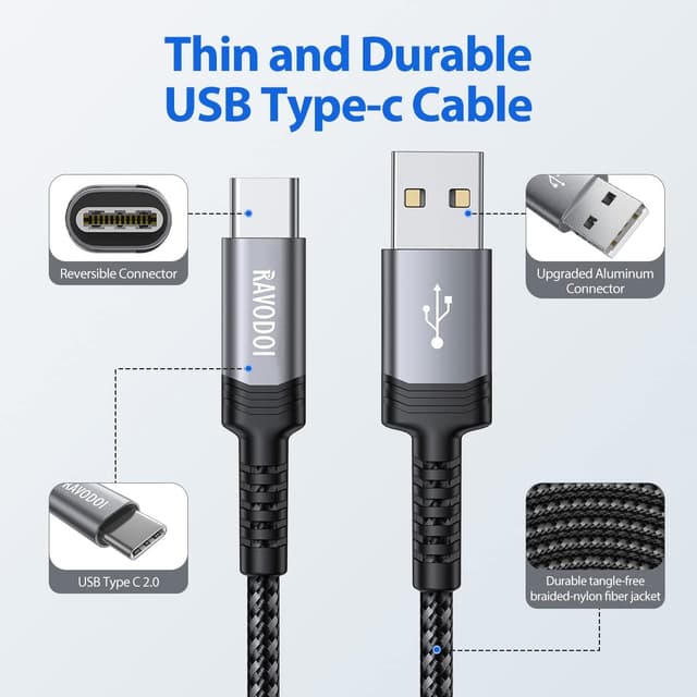 Detalle de USB-C Charger Cable 3m 2-Pack – USB to USB-C Fast Charge (Nylon Braided)