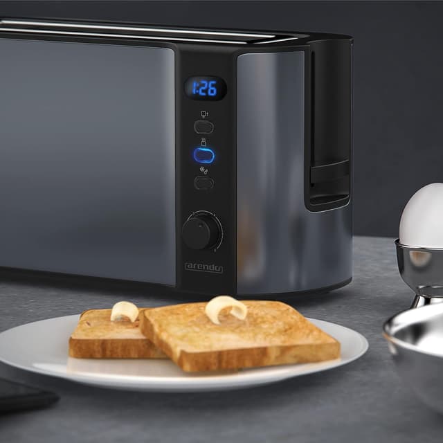 Detalle de Arendo Frukost 2-Scheiben Langschlitztoaster (Defrost, Doppelwandgehäuse, Brötchenaufsatz) – Cool Grey
