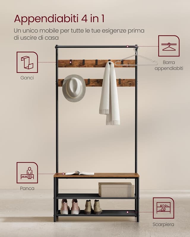 Detalle de VASAGLE HSR421B01 Appendiabiti da ingresso con panca, scarpiera e 9 ganci rimovibili
