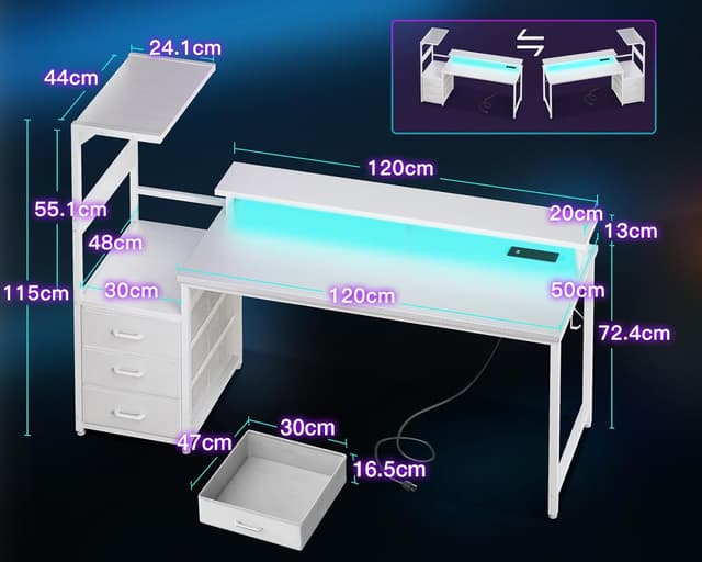 Detalle de Coleshome 150×50 cm Gaming Desk with LED Lights, Power Outlets & Reversible Shelf (Carbon Fibre White)