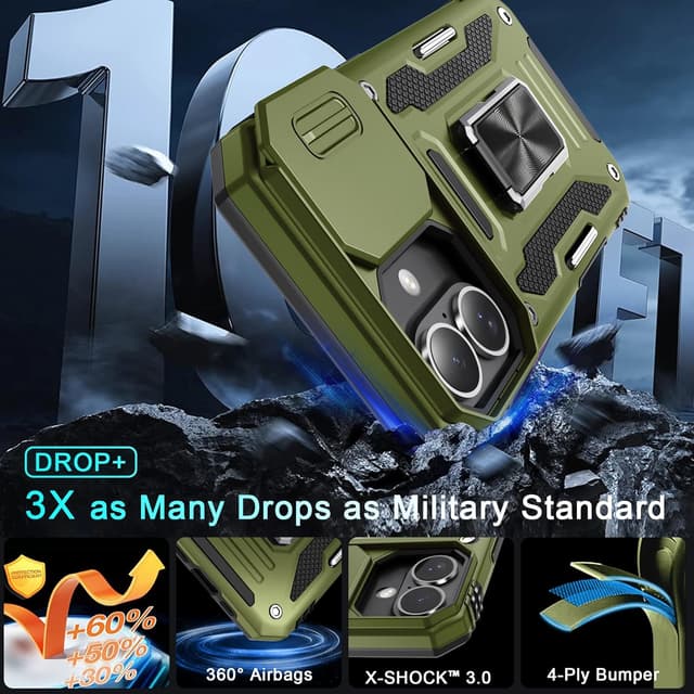 Detalle de DEERLAMN iPhone 16 Armor Case with Sliding Camera Cover, Rotating Ring Kickstand + Tempered Glass Screen Protector (2-Pack)