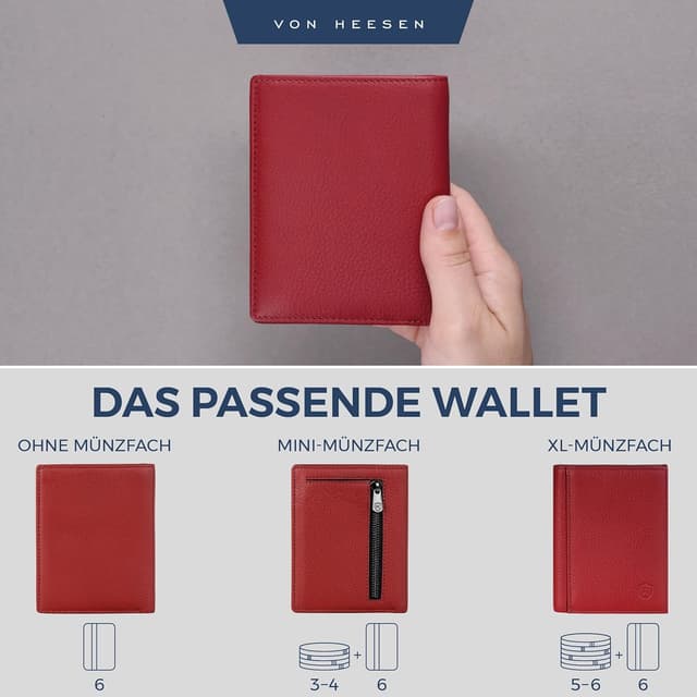 Detalle de VON HEESEN Leder-Geldbörse mit RFID-Schutz (Rot) – Herren & Damen, Echtleder