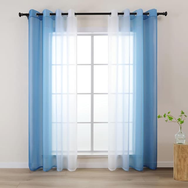 Detalle de L.Z.E Blue White Ombre Voile Curtains (with eyelets) – light blue gradient sheer panels, 96 inch drop