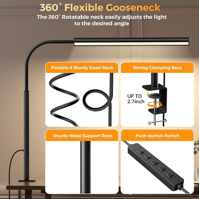 Detalle 1 de WHW3WIN LED Desk Lamp 12W — 5 modes, clamp