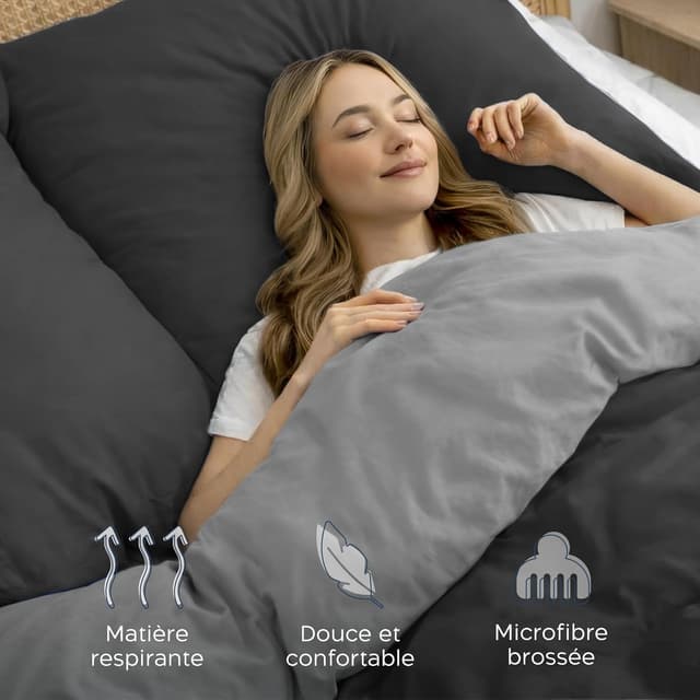 Detalle 2 de Twinzen Housse de couette 200x200 réversible en microfibre grise, avec 2 taies 50x80
