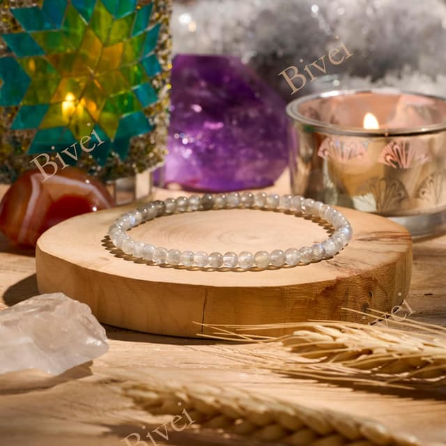 Detalle de Braccialetto Bivei in cristallo di labradorite da donna con perle da 4 mm, elastico e regolabile