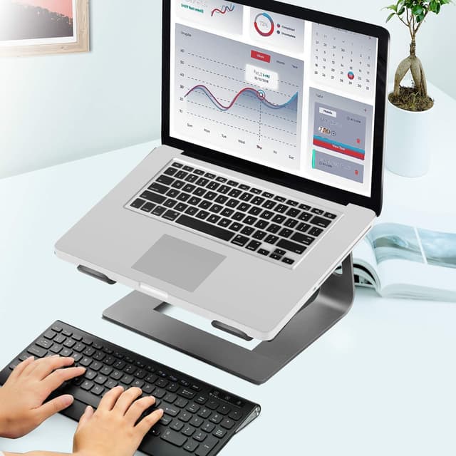 Detalle de Orionstar aluminium laptop stand for desk (10–15.6 inch), ergonomic riser with detachable holder, grey