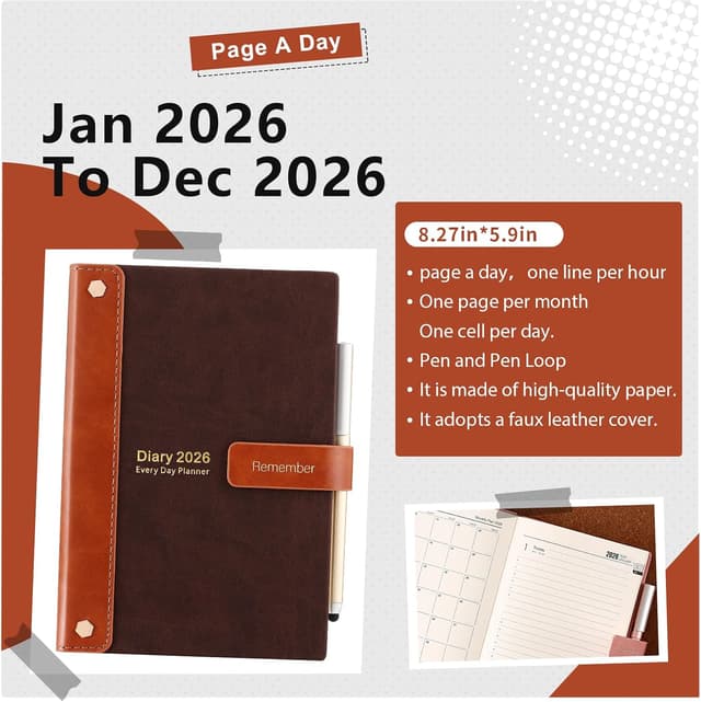 Detalle de Mljtoyo Diary 2026 A5, day-per-page planner (Jan–Dec 2026) with pen, stickers and 3 bookmarks