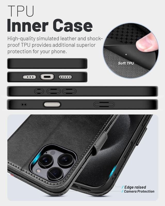 Detalle de OCASE iPhone 16 Pro Max Hülle mit Kartenfach, Standfunktion und RFID-Schutz (PU-Leder, Klapphülle) – Graphit