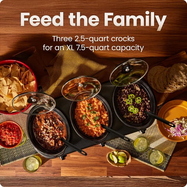 Detalle de Chefman Triple Slow Cooker & Food Warmer with 3 Ceramic Crocks (7.5-Quart Total, PFAS-Free)