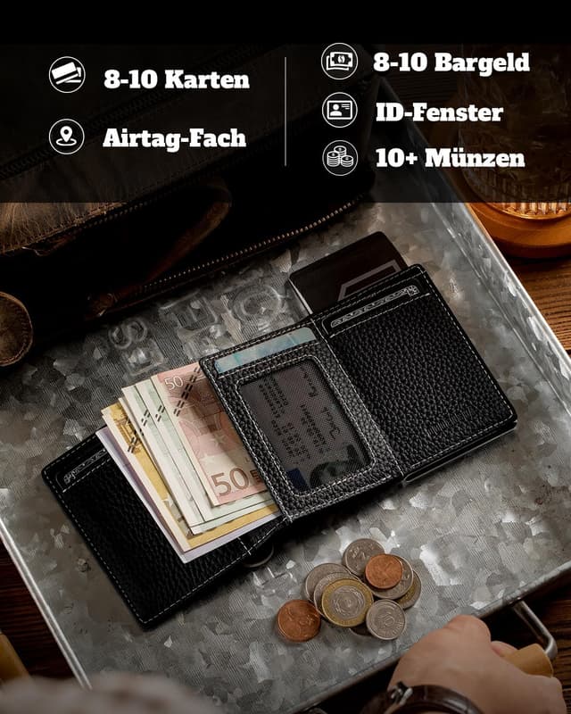 Detalle 1 de DODENSHA Pebble Airtag Wallet mit XL Münzfach – Smart Kartenetui für bis zu 10+ Karten, RFID-Schutz, MagSnap, Schwarz/Silber