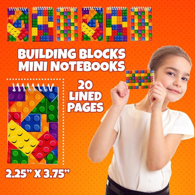 Detalle de Bedwina Mini Building Block Notebooks (Bulk of 32) – kids pocket spiral notepads in assorted brick designs