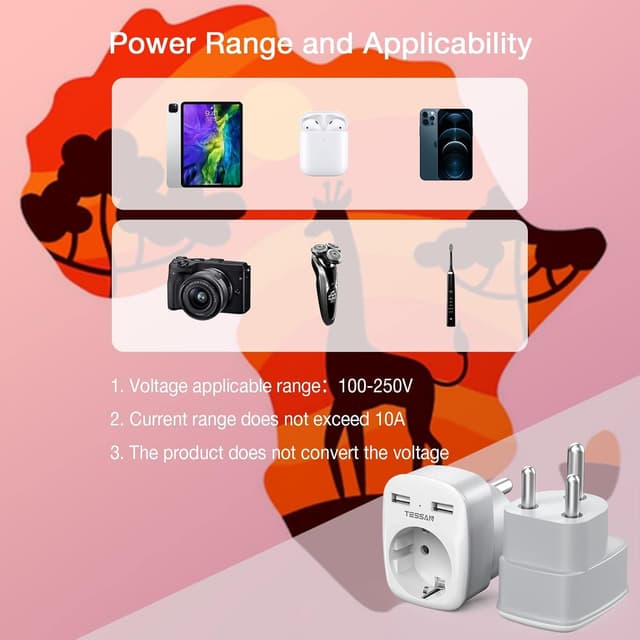 Thumbnail 3 de TESSAN Reiseadapter SĂŒdafrika Typ M mit 2 USB đ