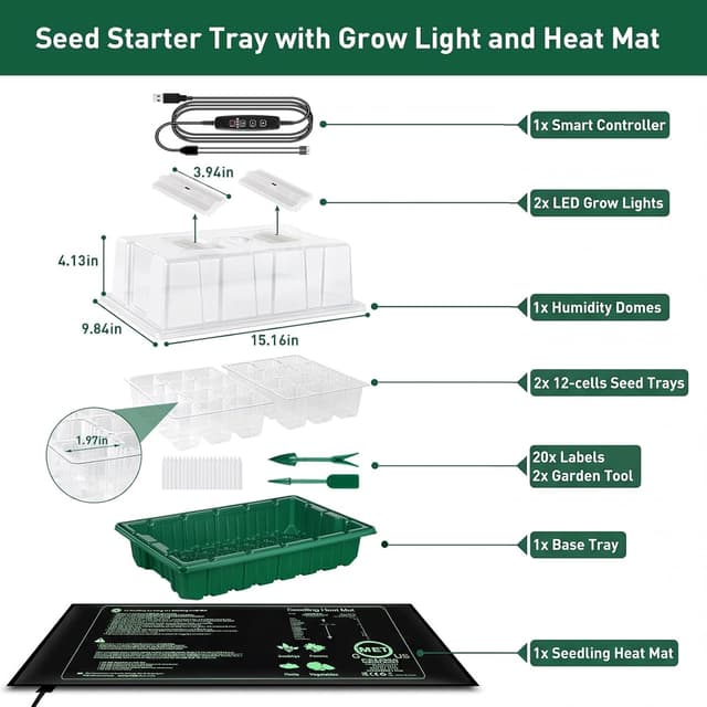 Detalle 2 de Verdenu Seed Tray with Grow Lights and Heating Mat (Pack of 3) – 36-cell seed starter trays with humidity dome