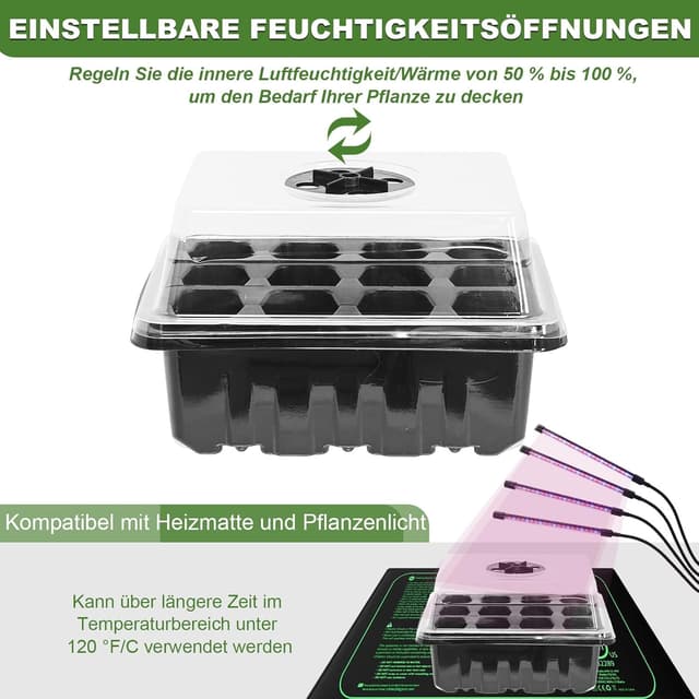 Detalle 2 de 5er Set Zimmergewächshaus Anzuchtkasten mit 60 Zellen – Mini-Gewächshaus Anzuchtset mit Deckeln und Belüftung