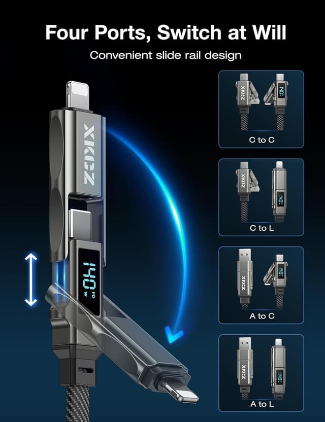 Detalle 2 de XKCZ 4-in-1 USB-C Cable with Wattage Display (140W, 5FT) – Multi-Charge USB-A/USB-C for iPhone, iPad, Samsung & Laptops
