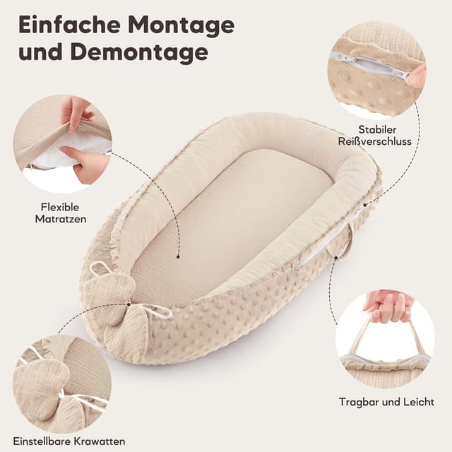 Detalle de Bearmoss Babynestchen Kuschelnest für Neugeborene, vielseitig & tragbar (90 x 55 cm) – Reinweiß