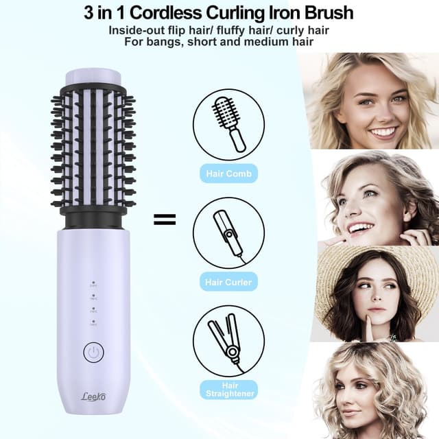 Detalle de NeuWee Cordless Hair Curling Brush (Mini 3 in 1) – USB Rechargeable Heated Wand with 4 Temperatures (Purple)