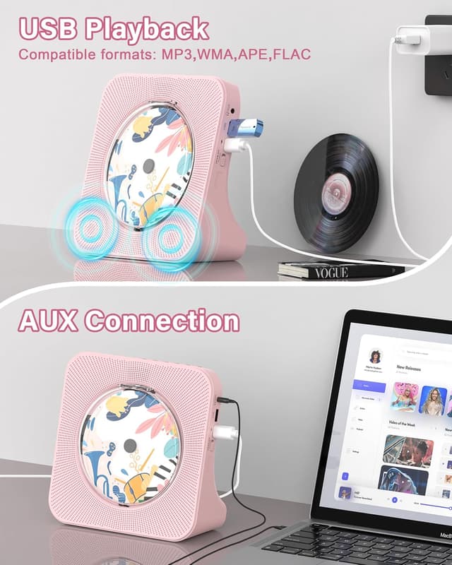 Detalle de Greadio Portable CD Player with Bluetooth 5.0, FM Radio, AUX & USB (Pink)