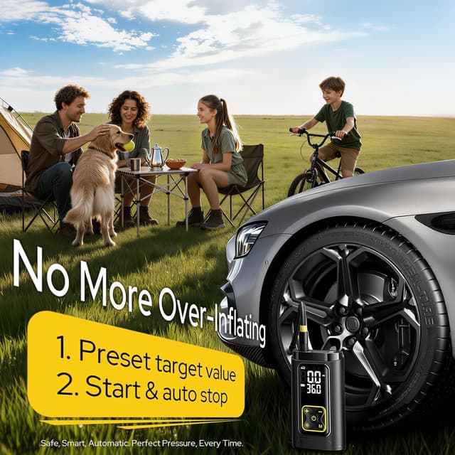 Detalle de Philoent Portable Tire Inflator (150PSI) with Digital Gauge, LED Light, and Auto Shut-Off