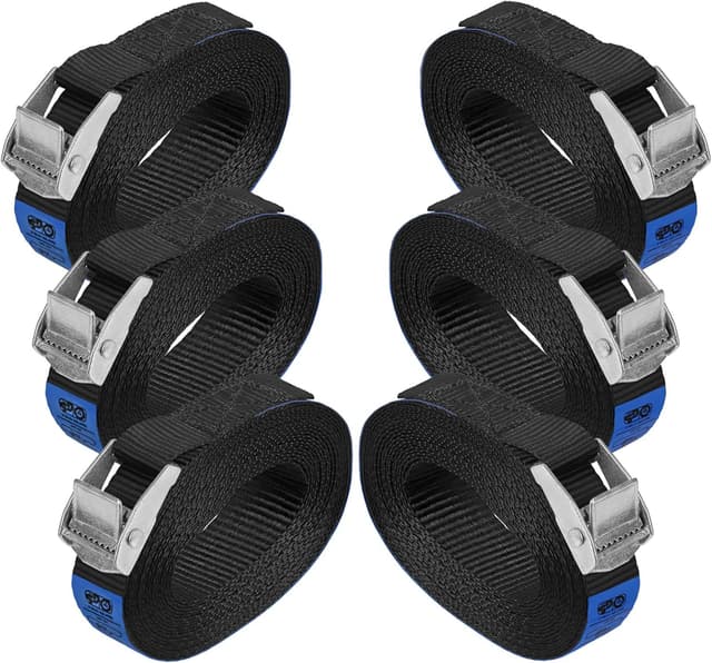 Detalle de Zurrgurt Spanngurte TÜV geprüft – Befestigungsgurt mit Klemmverschluss, belastbar bis 250 kg (Schwarz, 6er Pack 2,5 cm x 2,5 m)