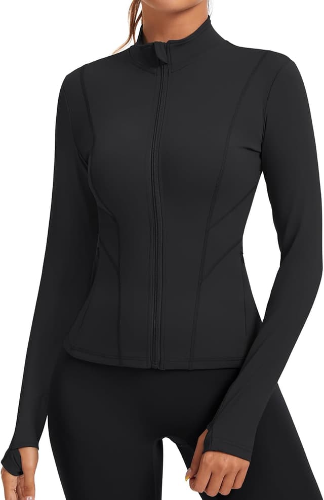 Detalle de Rapbin Damen Laufjacke Sport-Oberteil mit 4-Wege-Stretch, Daumenloch und seitlichem Reißverschluss