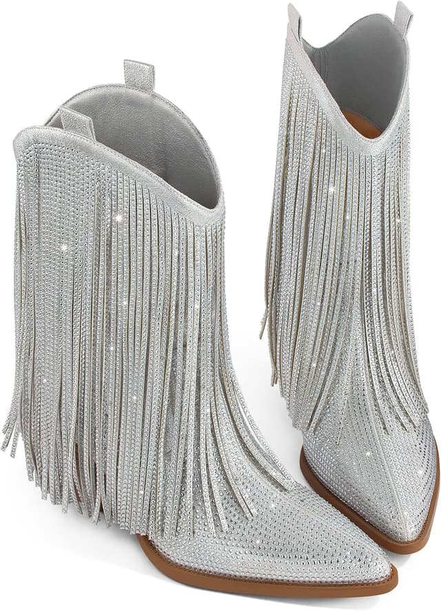 Detalle 2 de Ouepiano Cowboy Boots for Women Western Rhinestone & Sparkly Fringe Pull-On (Wide Calf)