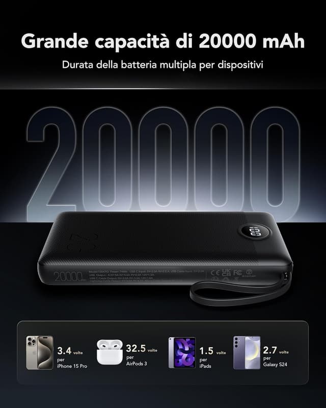 Detalle 2 de VRURC Power Bank 20000mAh USB C 22.5W