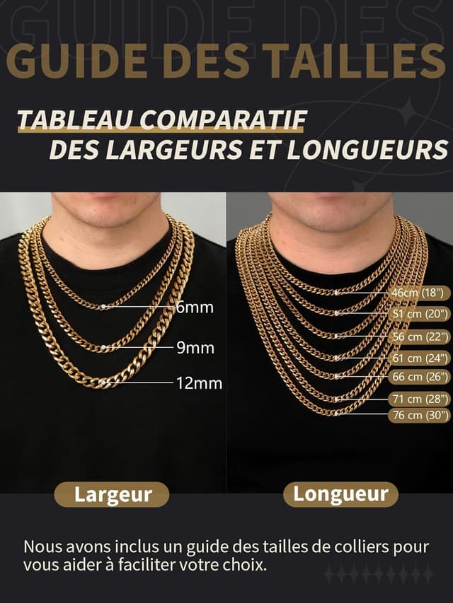 Detalle de Collier chaîne homme FindChic en acier inoxydable 316L, maille gourmette cubaine (6/9 mm) – longueurs 46 à 76 cm
