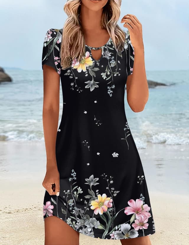 Detalle de HOTOUCH Women’s Casual A-Line Dress with Pockets (Floral T-Shirt Dress, Short Sleeve Mini Sundress)