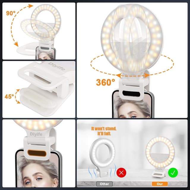 Detalle de Diyife Selfie Ring Light (360° rotation, rechargeable 1000mAh) with 60 LEDs and 10 brightness levels