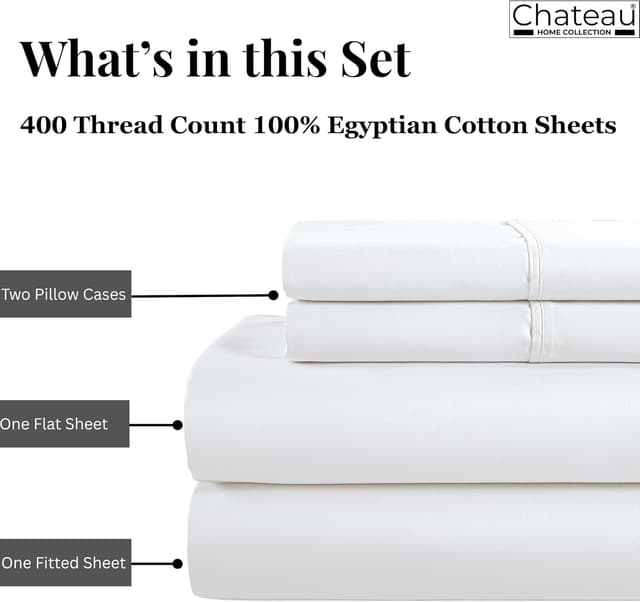 Detalle 2 de CHATEAU HOME COLLECTION Egyptian Cotton Queen Sheet Set (400-Thread-Count) Deep Pocket – Soft Cooling Sateen, White