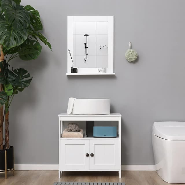 Detalle 1 de kleankin Miroir mural de salle de bain moderne blanc avec étagère de rangement 50 x 11,5 x 60 cm