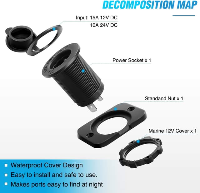 Detalle de Nilight 2-Pack 12V Waterproof Car Cigarette Lighter Socket (Universal Fit) with Terminals & Wires