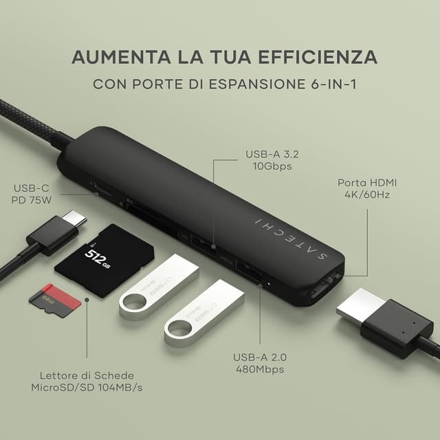 Detalle de SATECHI Hub USB-C 6 in 1 Slim Plus con ricarica PD fino a 100W, HDMI 4K@60Hz e lettori SD/microSD