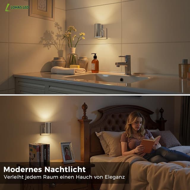 Detalle de LOHAS-LED Nachtlicht Steckdose mit Dämmerungssensor, dimmbar (0–100 lm), 3000K warmweiß, für Flur & Schlafzimmer
