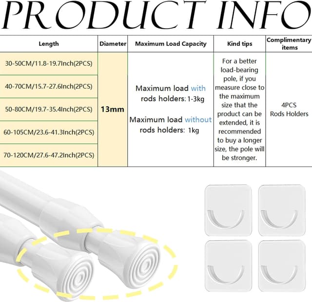 Detalle 2 de 2 Piezas Barra Cortinas Extensible Blanca 🏠 Sin Taladro