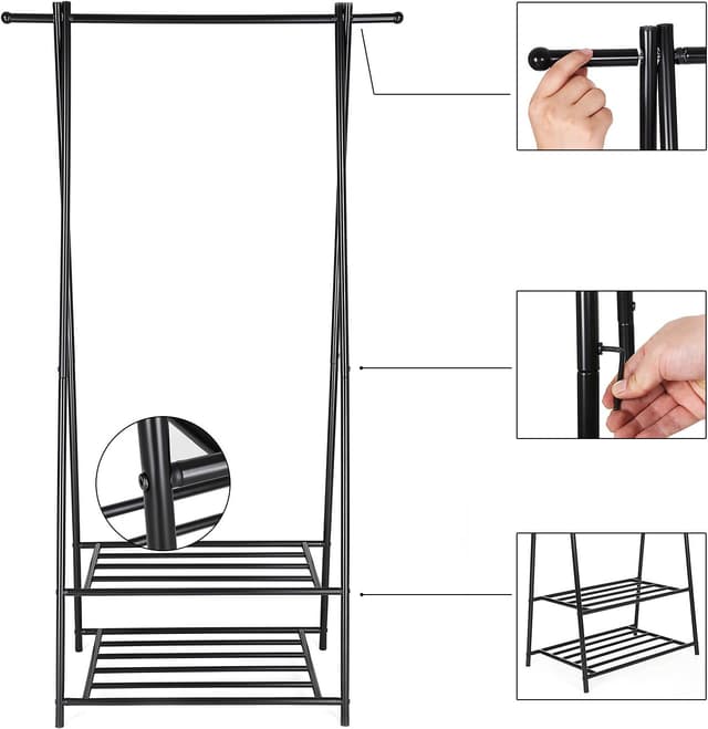 Detalle de SONGMICS HSR05B appendiabiti con 2 ripiani portaoggetti e portascarpe, struttura in metallo nero