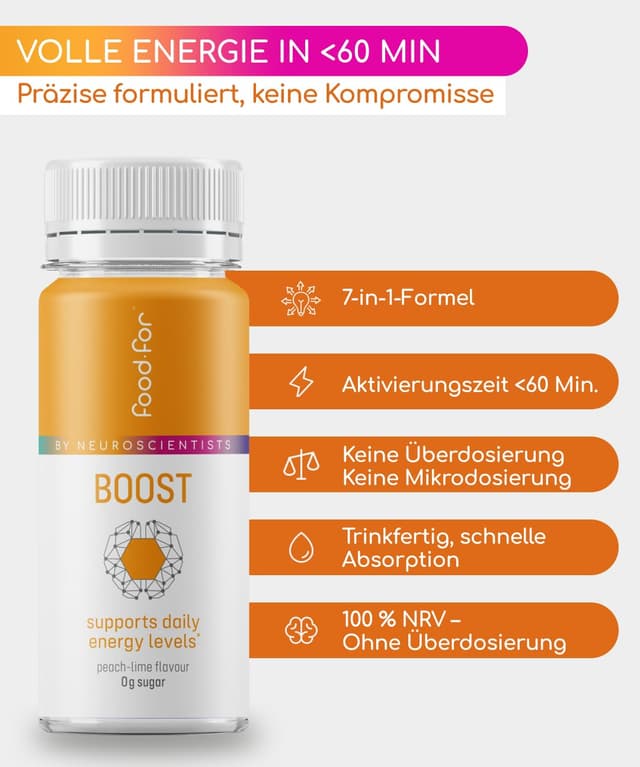 Detalle de FOODFOR ATP BOOSTer Shot (6er-Pack) – 60 ml – schnelle Energie & Anti-Stress-Unterstützung, zuckerfrei, vegan