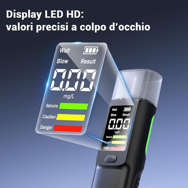 Detalle de ELESKY Etilometro ricaricabile USB-C con LCD (test rapido, contatto/non contatto) e 10 bocchini