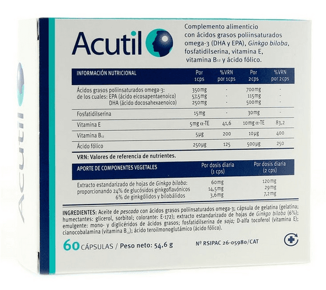Detalle 2 de Angelini Acutil 60 cápsulas (Omega-3, Ginkgo biloba, fosfatidilserina y vitaminas)