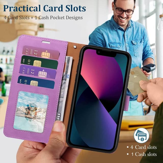 Detalle de GOTOURED Handyhülle für iPhone 13 mit Klappfunktion, RFID-Blockierung, Kartenfächern, Handgelenksgurt und Stand (Lila)